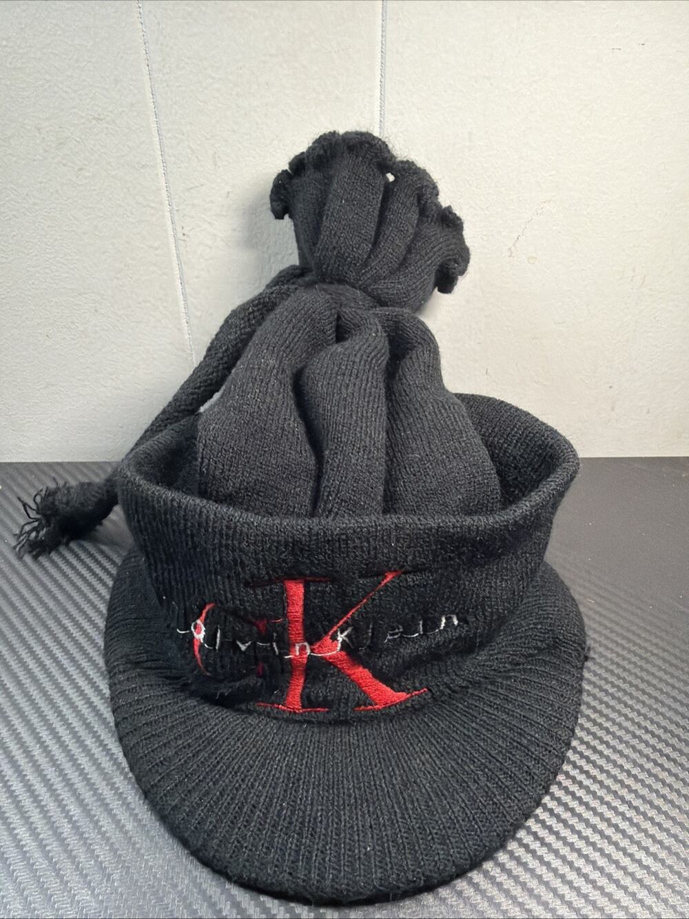VTG Calvin Klein Jeans Embroidered Brown/White Spell Out Winter Beanie Hat R2